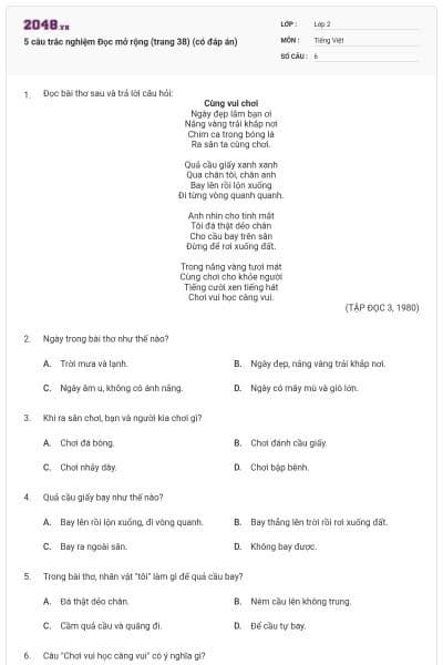 5 câu trắc nghiệm Đọc mở rộng (trang 38) (có đáp án)