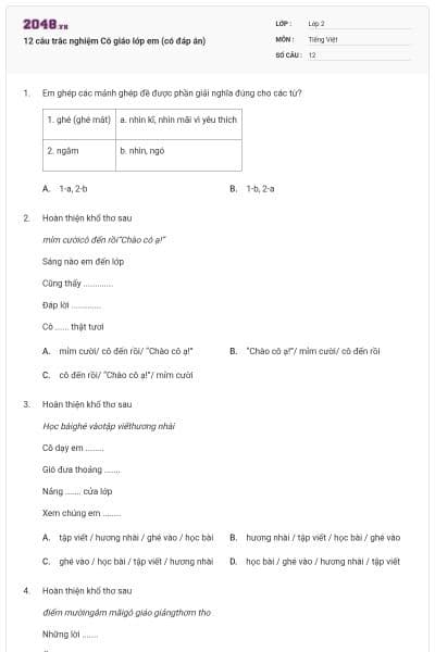 12 câu trắc nghiệm Cô giáo lớp em (có đáp án)