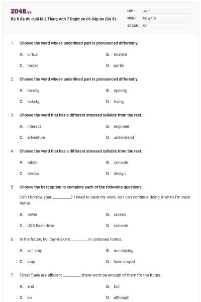 Bộ 8 đề thi cuối kì 2 Tiếng Anh 7 Right on có đáp án (Đề 8)