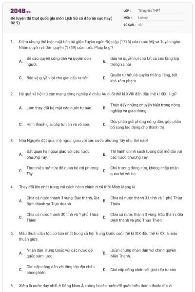 Đề luyện thi thpt quốc gia môn Lịch Sử có đáp án cực hay( Đề 9)