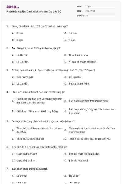 9 câu trắc nghiệm Danh sách học sinh (có đáp án)
