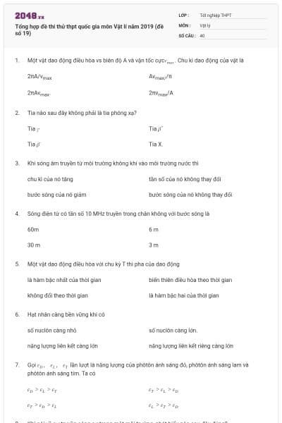 Tổng hợp đề thi thử thpt quốc gia môn Vật lí năm 2019 (đề số 19)