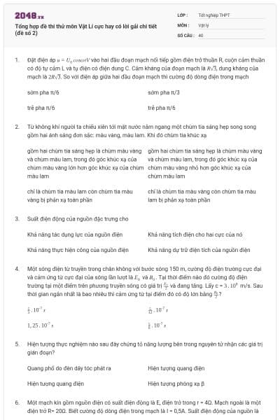 Tổng hợp đề thi thử môn Vật Lí cực hay có lời gải chi tiết (đề số 2)