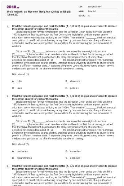 30 đề luyện thi Đại Học môn Tiếng Anh cực hay có lời giải (Đề số 29)