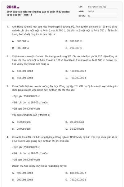 500+ câu trắc nghiệm tổng hợp Lập và quản lý dự án đầu tư có đáp án - Phần 18