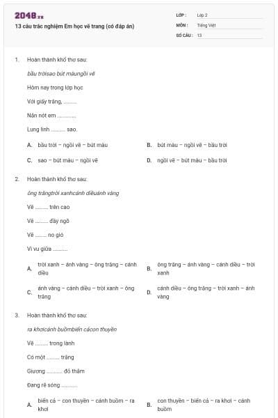 13 câu trắc nghiệm Em học vẽ trang (có đáp án)