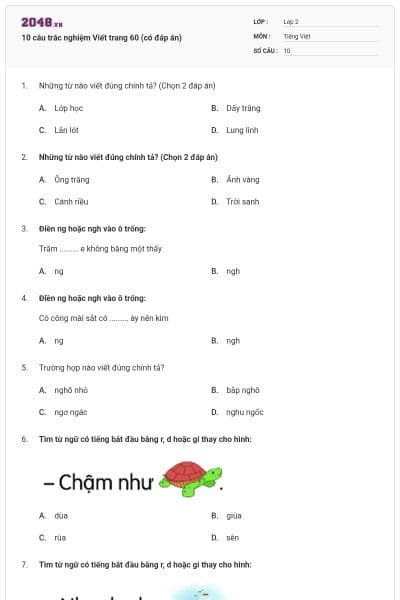 10 câu trắc nghiệm Viết trang 60 (có đáp án)