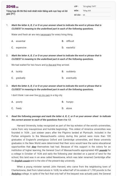 Tổng hợp đề thi thử mới nhất môn tiếng anh cực hay có lời giải (P7)
