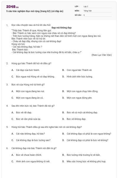 5 câu trắc nghiệm Đọc mở rộng (trang 62) (có đáp án)