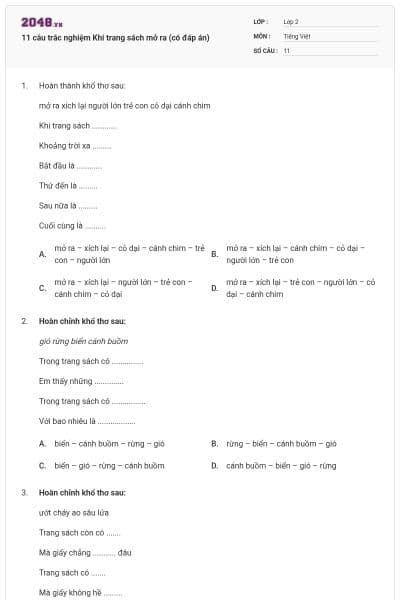 11 câu trắc nghiệm Khi trang sách mở ra (có đáp án)