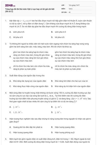 Tổng hợp đề thi thử môn Vật Lí cực hay có lời gải chi tiết (đề số 2)