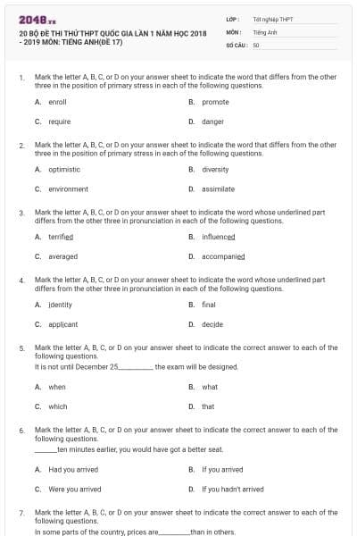 20 BỘ ĐỀ THI THỬ THPT QUỐC GIA LẦN 1 NĂM HỌC 2018 - 2019 MÔN: TIẾNG ANH(ĐỀ 17)