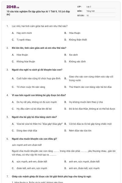 10 câu trắc nghiệm Ôn tập giữa học kì 1 Tiết 9, 10 (có đáp án)