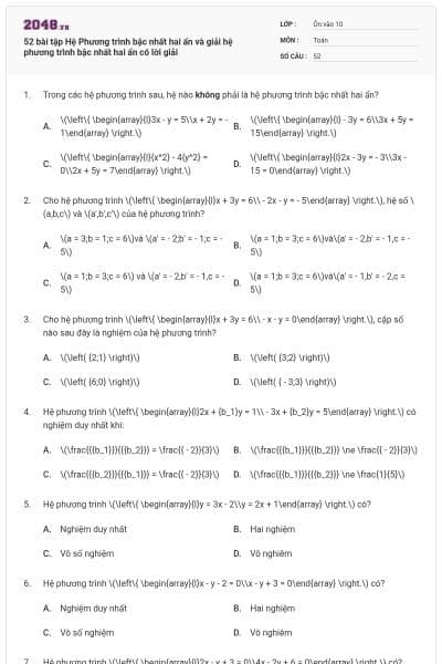 52 bài tập Hệ Phương trình bậc nhất hai ẩn và giải hệ phương trình bậc nhất hai ẩn có lời giải