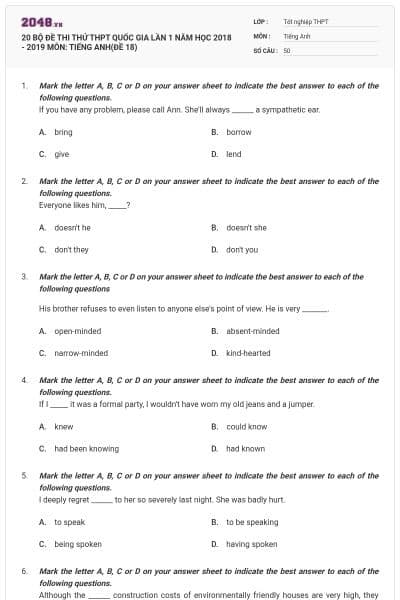 20 BỘ ĐỀ THI THỬ THPT QUỐC GIA LẦN 1 NĂM HỌC 2018 - 2019 MÔN: TIẾNG ANH(ĐỀ 18)