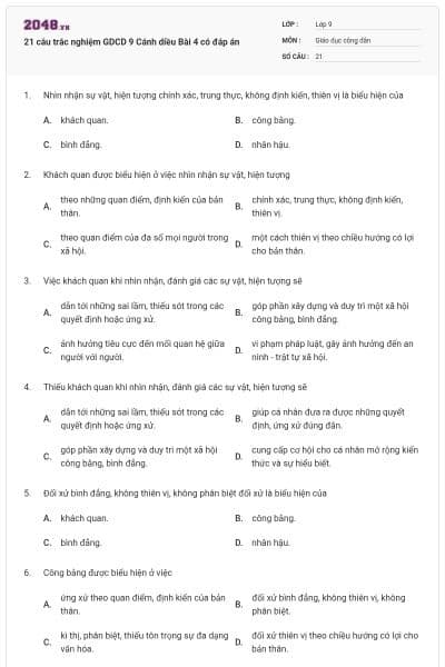 21 câu trắc nghiệm GDCD 9 Cánh diều Bài 4 có đáp án