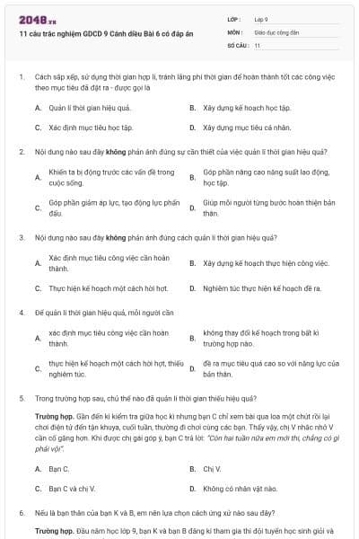 11 câu trắc nghiệm GDCD 9 Cánh diều Bài 6 có đáp án