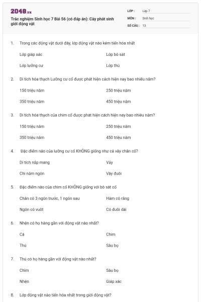 Trắc nghiệm Sinh học 7 Bài 56 (có đáp án): Cây phát sinh giới động vật