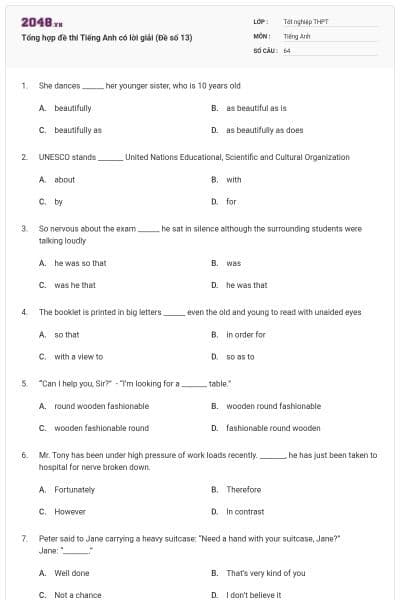 Tổng hợp đề thi Tiếng Anh có lời giải (Đề số 13)