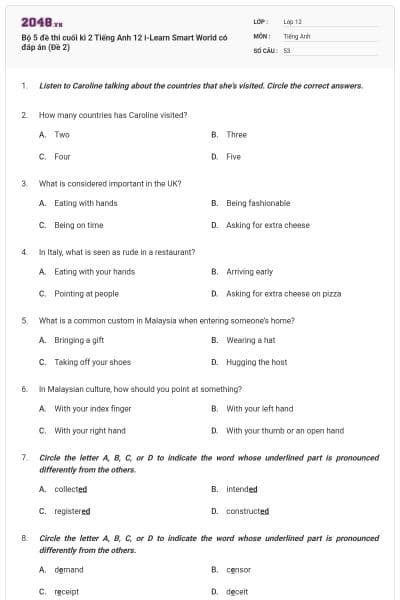 Bộ 5 đề thi cuối kì 2 Tiếng Anh 12 i-Learn Smart World có đáp án (Đề 2)