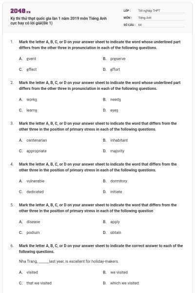 Kỳ thi thử thpt quốc gia lần 1 năm 2019 môn Tiếng Anh cực hay có lời giải(Đề 1)