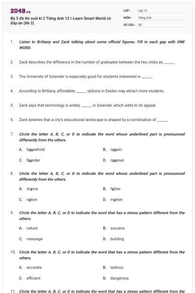 Bộ 5 đề thi cuối kì 2 Tiếng Anh 12 i-Learn Smart World có đáp án (Đề 3)
