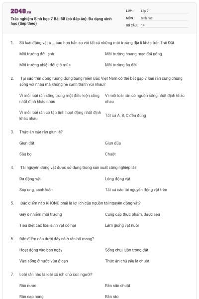 Trắc nghiệm Sinh học 7 Bài 58 (có đáp án): Đa dạng sinh học (tiếp theo)