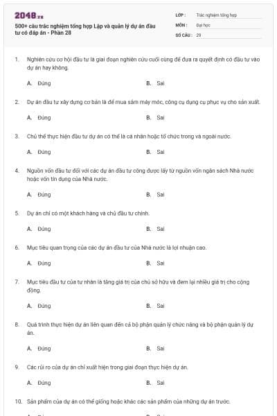 500+ câu trắc nghiệm tổng hợp Lập và quản lý dự án đầu tư có đáp án - Phần 28