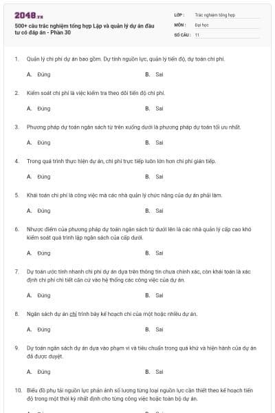 500+ câu trắc nghiệm tổng hợp Lập và quản lý dự án đầu tư có đáp án - Phần 30
