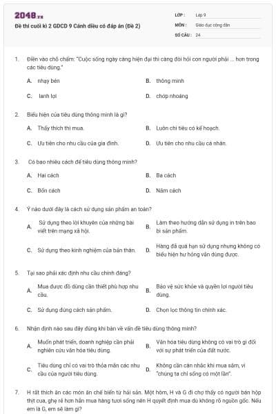 Đề thi cuối kì 2 GDCD 9 Cánh diều có đáp án (Đề 2)