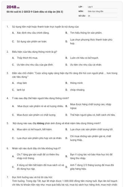 Đề thi cuối kì 2 GDCD 9 Cánh diều có đáp án (Đề 3)
