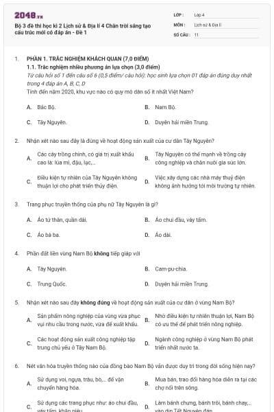 Bộ 3 đề thi học kì 2 Lịch sử & Địa lí 4 Chân trời sáng tạo cấu trúc mới có đáp án - Đề 1