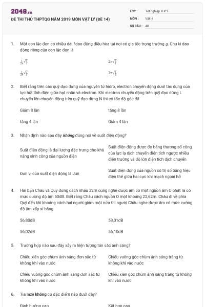 ĐỀ THI THỬ THPTQG NĂM 2019 MÔN VẬT LÝ (ĐỀ 14)