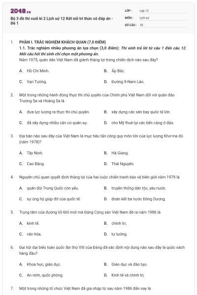 Bộ 3 đề thi cuối kì 2 Lịch sử 12 Kết nối tri thức có đáp án - Đề 1