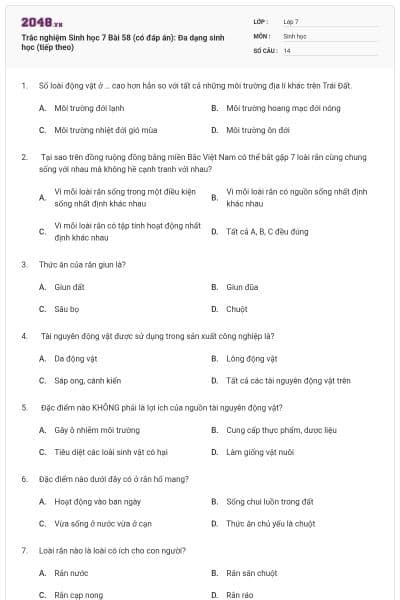 Trắc nghiệm Sinh học 7 Bài 58 (có đáp án): Đa dạng sinh học (tiếp theo)