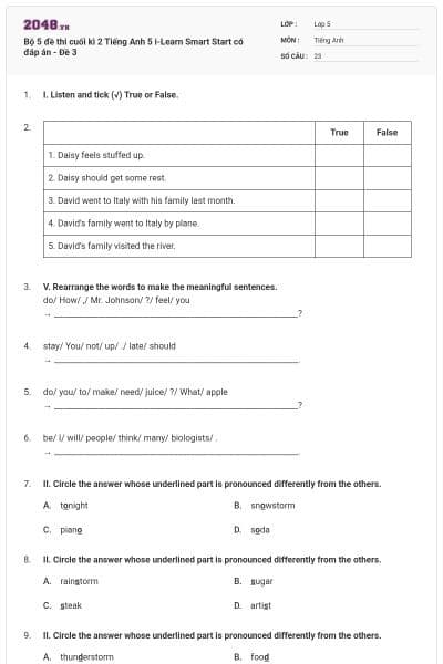 Bộ 5 đề thi cuối kì 2 Tiếng Anh 5 i-Learn Smart Start có đáp án - Đề 3