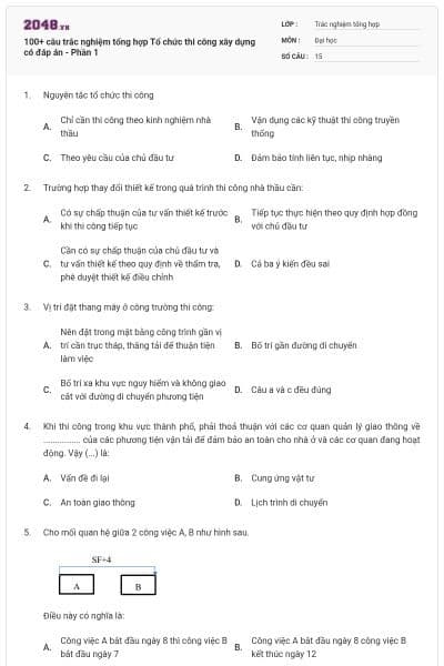 100+ câu trắc nghiệm tổng hợp Tổ chức thi công xây dựng có đáp án - Phần 1