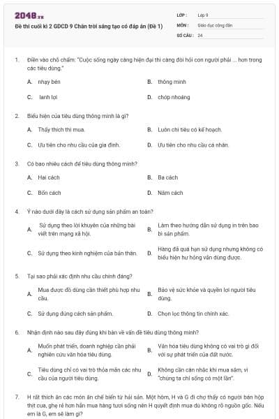 Đề thi cuối kì 2 GDCD 9 Chân trời sáng tạo có đáp án (Đề 1)