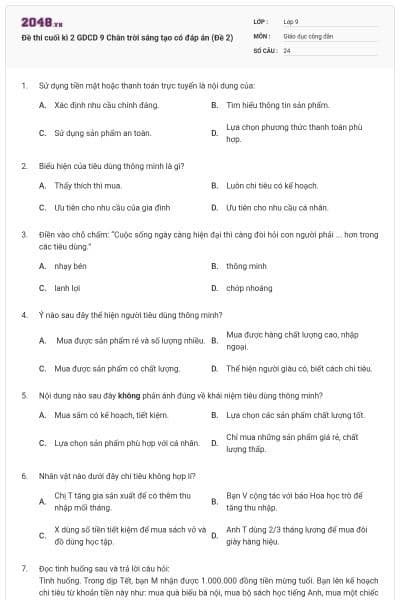 Đề thi cuối kì 2 GDCD 9 Chân trời sáng tạo có đáp án (Đề 2)
