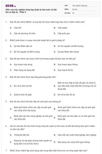 500+ câu trắc nghiệm tổng hợp Quản lý nhà nước về đất đai có đáp án - Phần 2