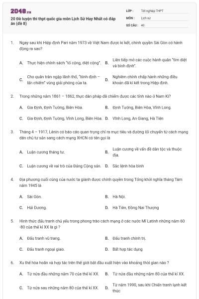 20 Đề luyện thi thpt quốc gia môn Lịch Sử Hay Nhất có đáp án (đề 8)