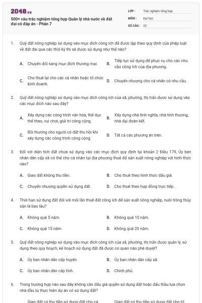 500+ câu trắc nghiệm tổng hợp Quản lý nhà nước về đất đai có đáp án - Phần 7