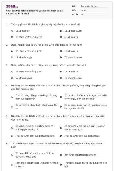 500+ câu trắc nghiệm tổng hợp Quản lý nhà nước về đất đai có đáp án - Phần 9