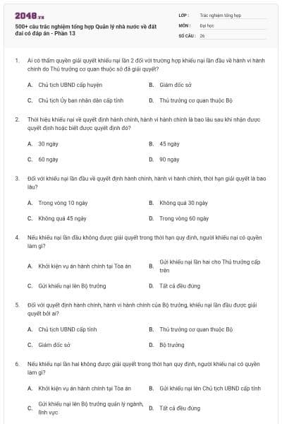 500+ câu trắc nghiệm tổng hợp Quản lý nhà nước về đất đai có đáp án - Phần 13