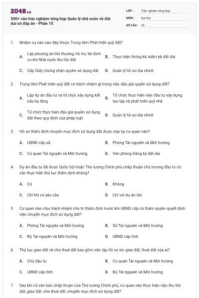 500+ câu trắc nghiệm tổng hợp Quản lý nhà nước về đất đai có đáp án - Phần 15