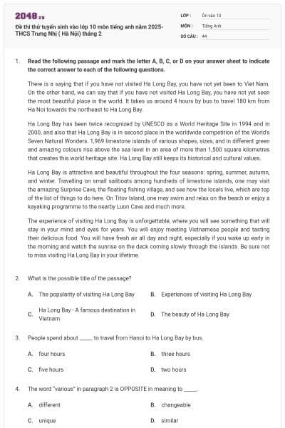 Đề thi thử tuyển sinh vào lớp 10 môn tiếng anh năm 2025- THCS Trưng Nhị ( Hà Nội) tháng 2