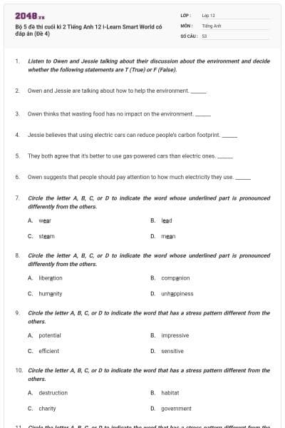 Bộ 5 đề thi cuối kì 2 Tiếng Anh 12 i-Learn Smart World có đáp án (Đề 4)