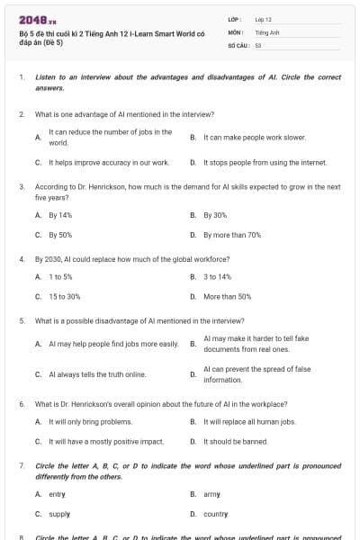 Bộ 5 đề thi cuối kì 2 Tiếng Anh 12 i-Learn Smart World có đáp án (Đề 5)