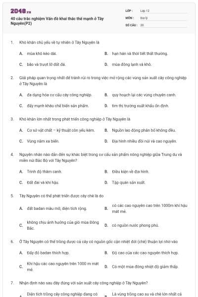 40 câu trắc nghiệm Vấn đề khai thác thế mạnh ở Tây Nguyên(P2)