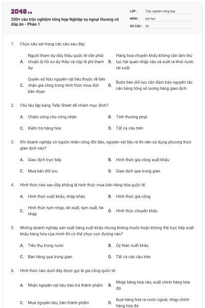 200+ câu trắc nghiệm tổng hợp Nghiệp vụ ngoại thương có đáp án - Phần 1